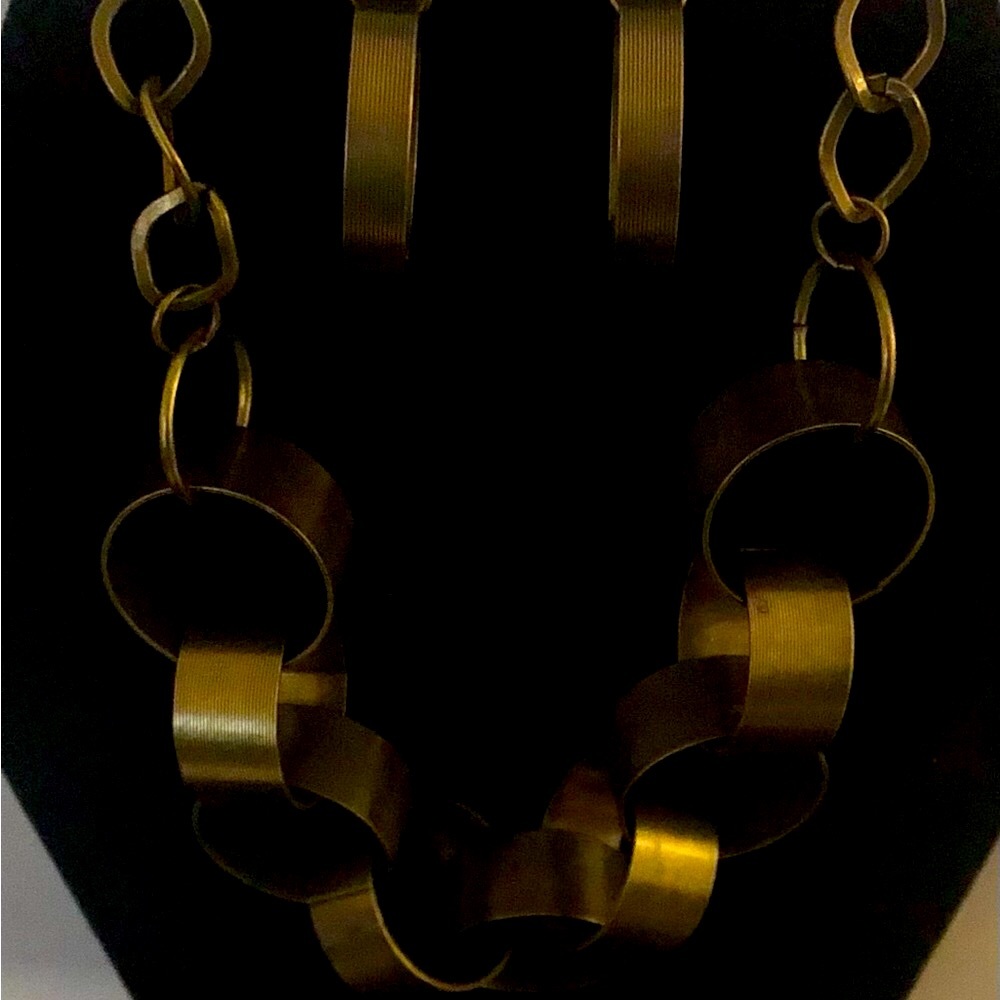 Ridged Brass Necklace and Earring Set with Stretchable Ring